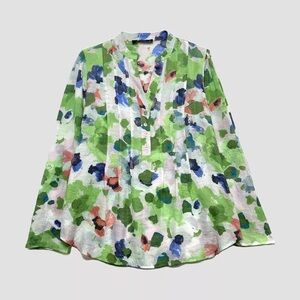 NWT Zac & Rachel Womens 2X  Button Up Blouse Top 3/4 Roll Tab Sleeves Watercolor